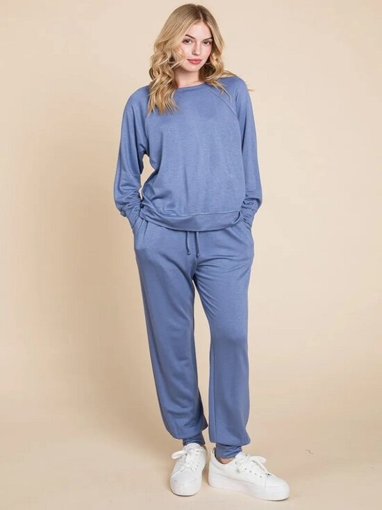 Super Lady Tops - 2-Piece Lounge Set Raglan Sleeve Round Neck Top & Pants Cozy Outfit